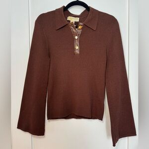 NWT MICHAEL Michael Kors Brown V-Neck Sweater with leather like detail.
